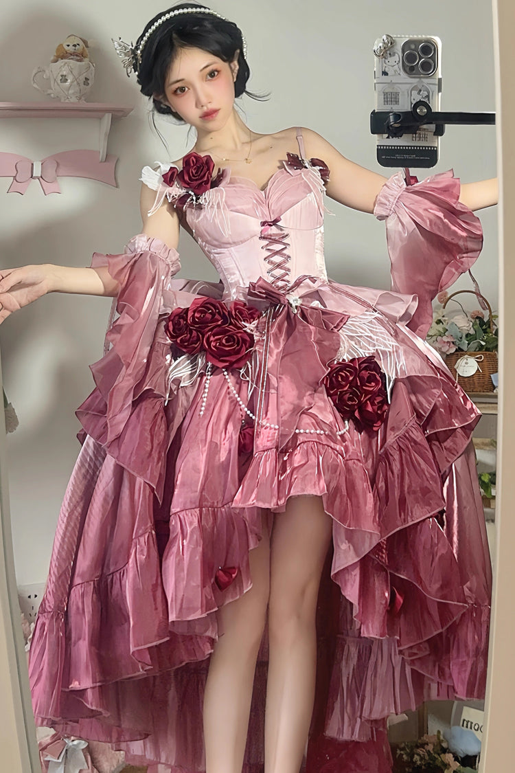 Plum Red Swan Wonderland Embroidery Bowknot Lace-Up Short Front Long Back Irregular Sweet Ballet Lolita Jsk Dress