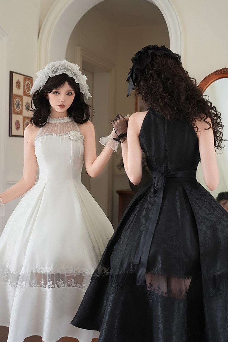 Black Flowers in the Mist Off Shoulder Halterneck Print Ruffle Gothic Elegant Lolita Dress