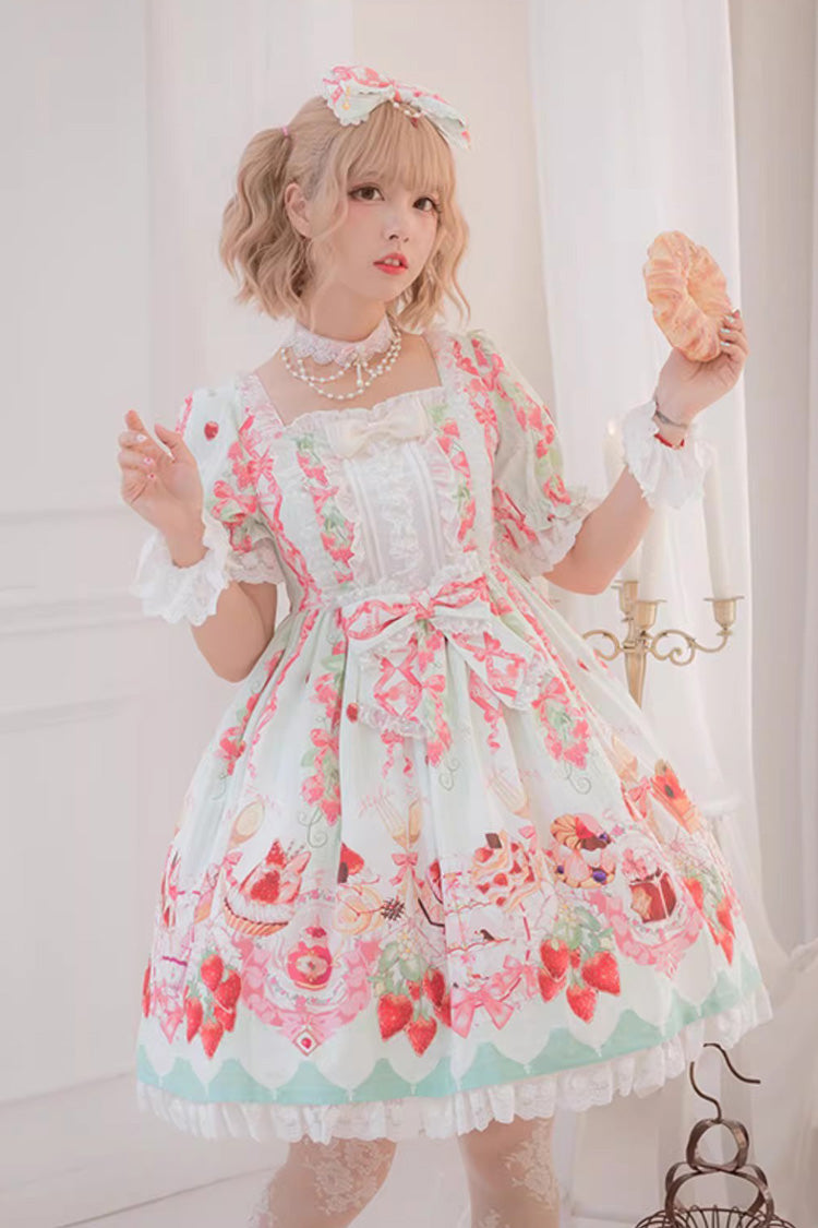 Strawberry Feast Short Sleeves Printed Ruffled Bow Sweet Lolita Dress 4 Colors