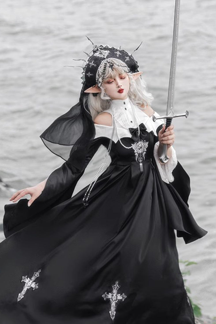 Black Cross Nun Stand Collar Off Shoulder Print Bowknot Gothic Elegant Lolita Dress