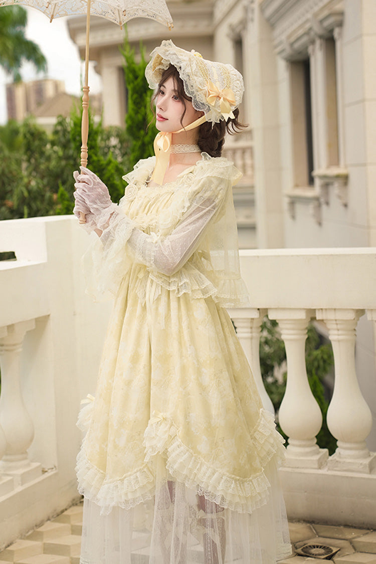 Yellow Falling Flowers as a Message Square Collar Short Sleeves Print Ruffle Lace Sweet Elegant Lolita Long Dress