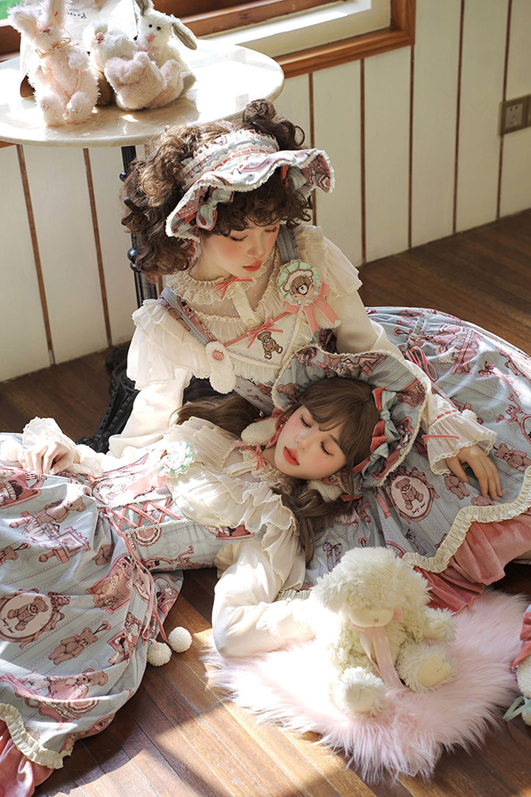 Pink/Green Bear Doll Wall Print Ruffle Embroidery Bowknot Sweet Lolita Jsk Dress