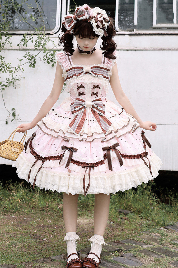 Pink Shengqiao Tata Sleeveless Print Ruffle Bowknot Lace-Up Sweet Elegant Lolita Jsk Dress