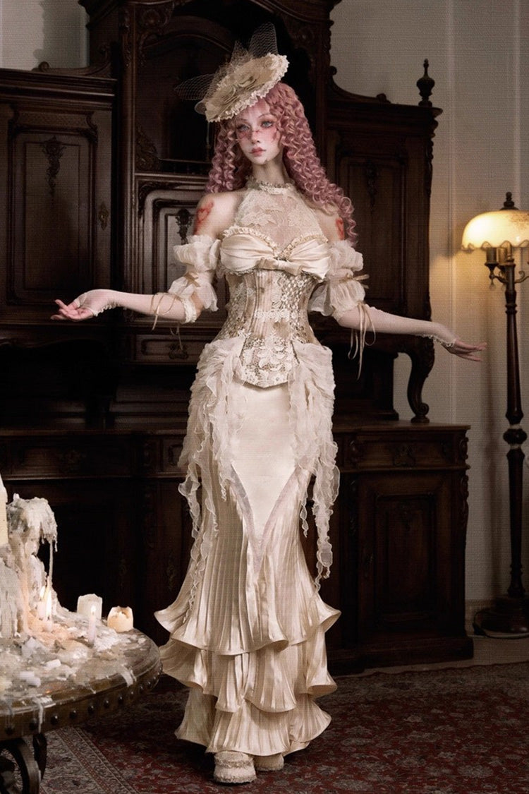 Golden Cupid's Poetry Box Halterneck Ruffled Embroidered Bow Lace Slim Fishbone Gothic Lolita Top and Skirt Dress Set