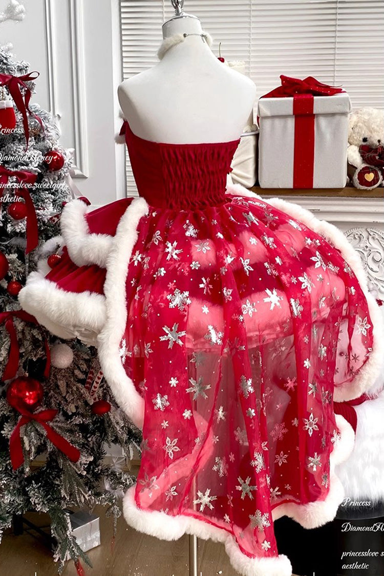 Red Holiday Double-Layered Bowknot Sweet Princess Lolita Strapless Dress