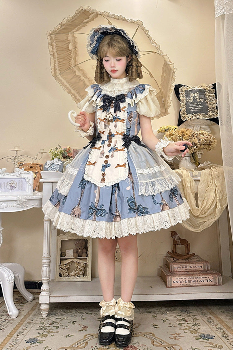 Blue The Witch's Banquet Sleeveless Printed Ruffled Embroidered Bow Lace Sweet Lolita Jsk Dress