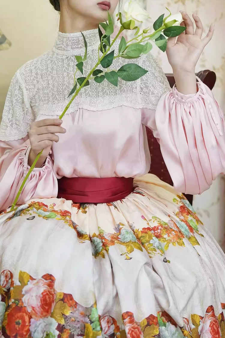 Red Rainy Season Garden Print Ruffle Sweet Classic Lolita Skirt