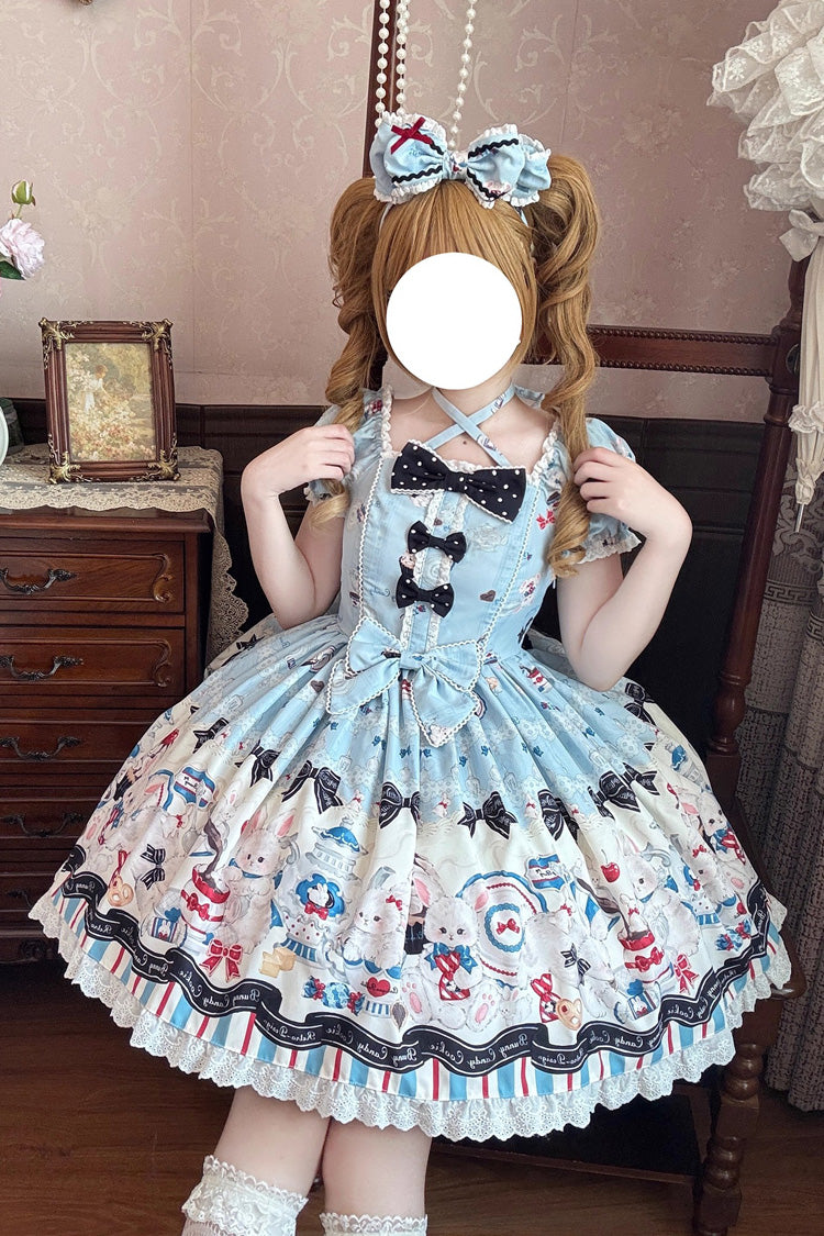 Blue Mystery Rabbit Tea Party Square Collar Short Sleeves Print Ruffle Bowknot Lace Sweet Lolita Dress