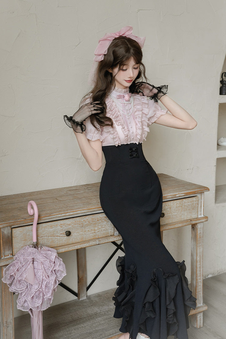 Pink/Black Miss Lola Stand Collar Short Sleeves Multi-Layered Ruffle Bowknot Sweet Lolita Mermaid Dress