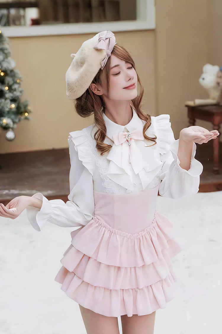 Pink Cherry Blossom Snow Lapel Collar Long Sleeves Triple-Layered Ruffled Bow Faux Two-Piece Sweet Lolita Dress