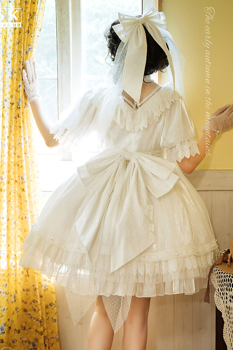 White Multi-Layered Ruffle Hanayome Hollow Bowknot Lace Sweet Vintage Gorgeous Lolita Dress