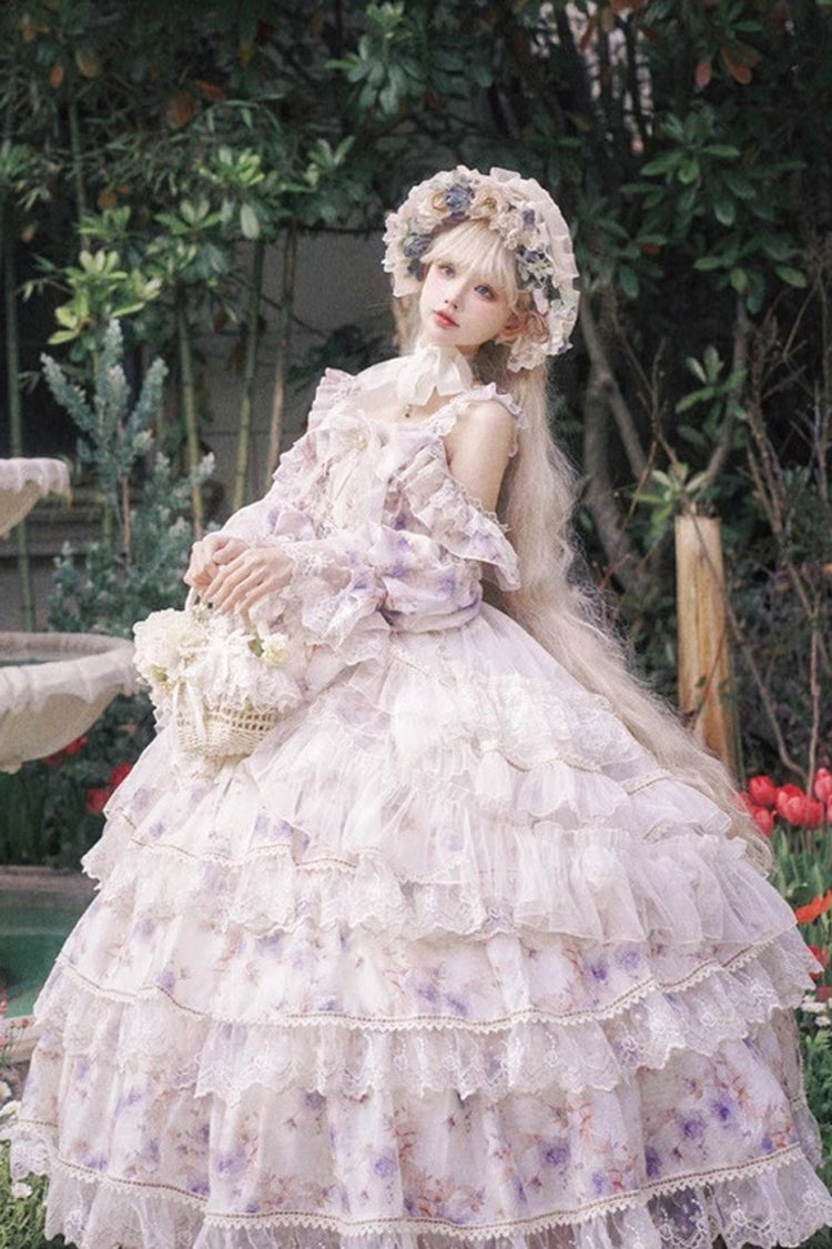 Blue Rose Letter Off Shoulder Triple-Layered Print Ruffle Hanayome Sweet Princess Lolita Dress