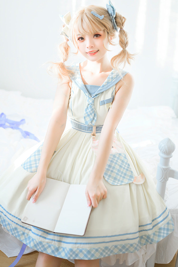 White/Blue Navy Style Cute Animals Print Sweet Princess Lolita Jsk Dress