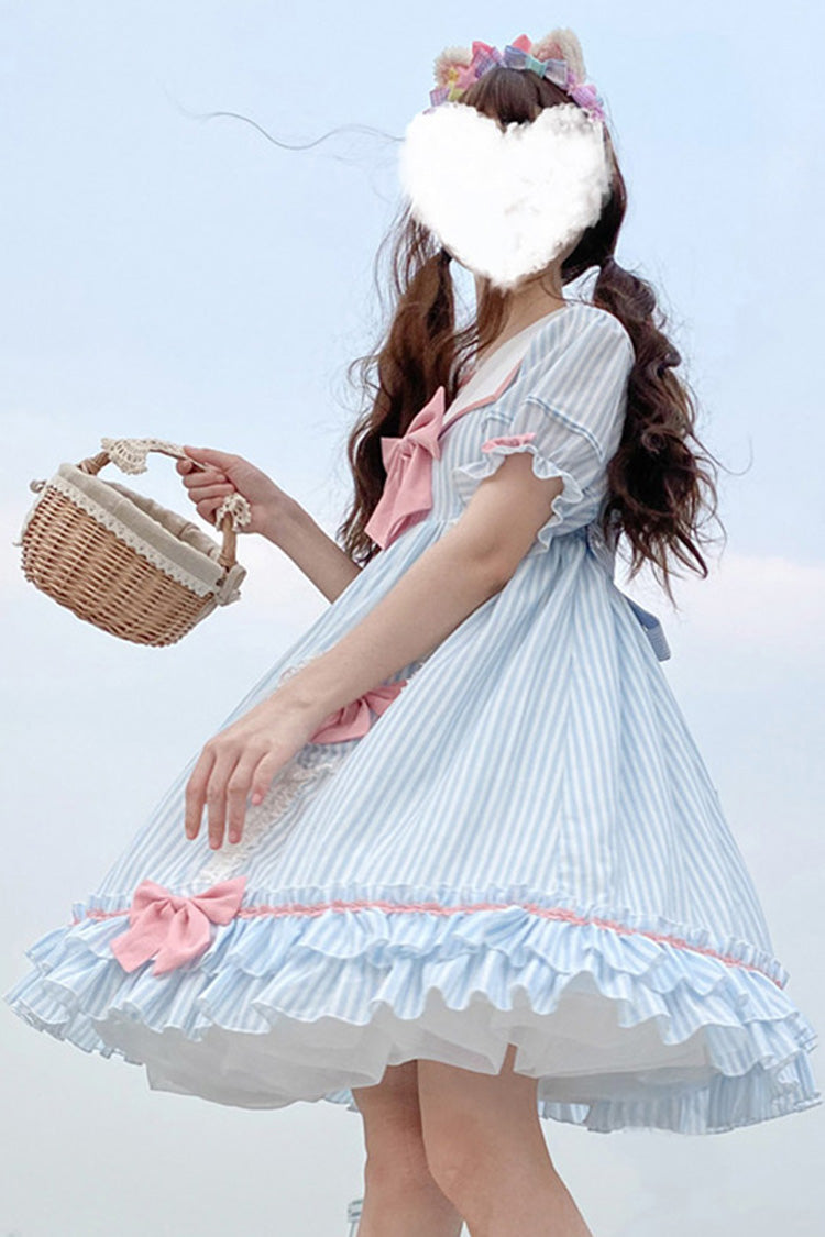 Navy Doll Collar Headbow Short Sleeve Striped Sweet Lolita Dress
