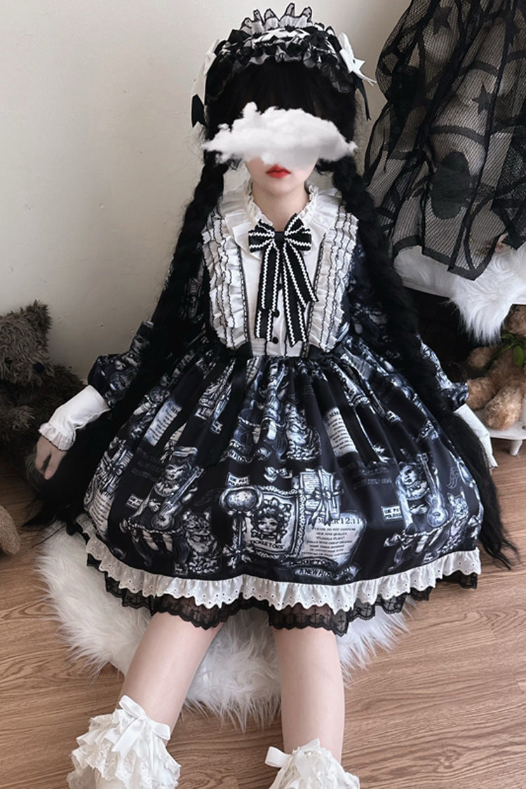 Black Antique Cat Print Long Sleeves Ruffle Bowknot Gothic Princess Lolita Dress