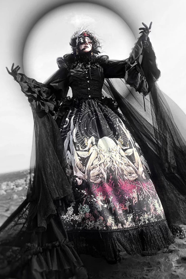 Black Reborn Ancient God Long Hime Sleeves Print Lace Gothic Lolita Skirt Dress Set