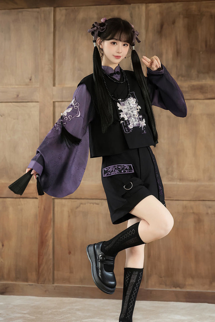 Black/Purple Stand Collar Long Sleeves Embroidery Classic Chinese Style Prince Hanfu Ouji Set