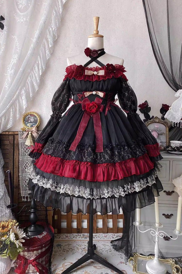Black/Red Perlia's Night Long Puff Sleeves Ruffled Open-Front Bow Lace Gothic Lolita Dress