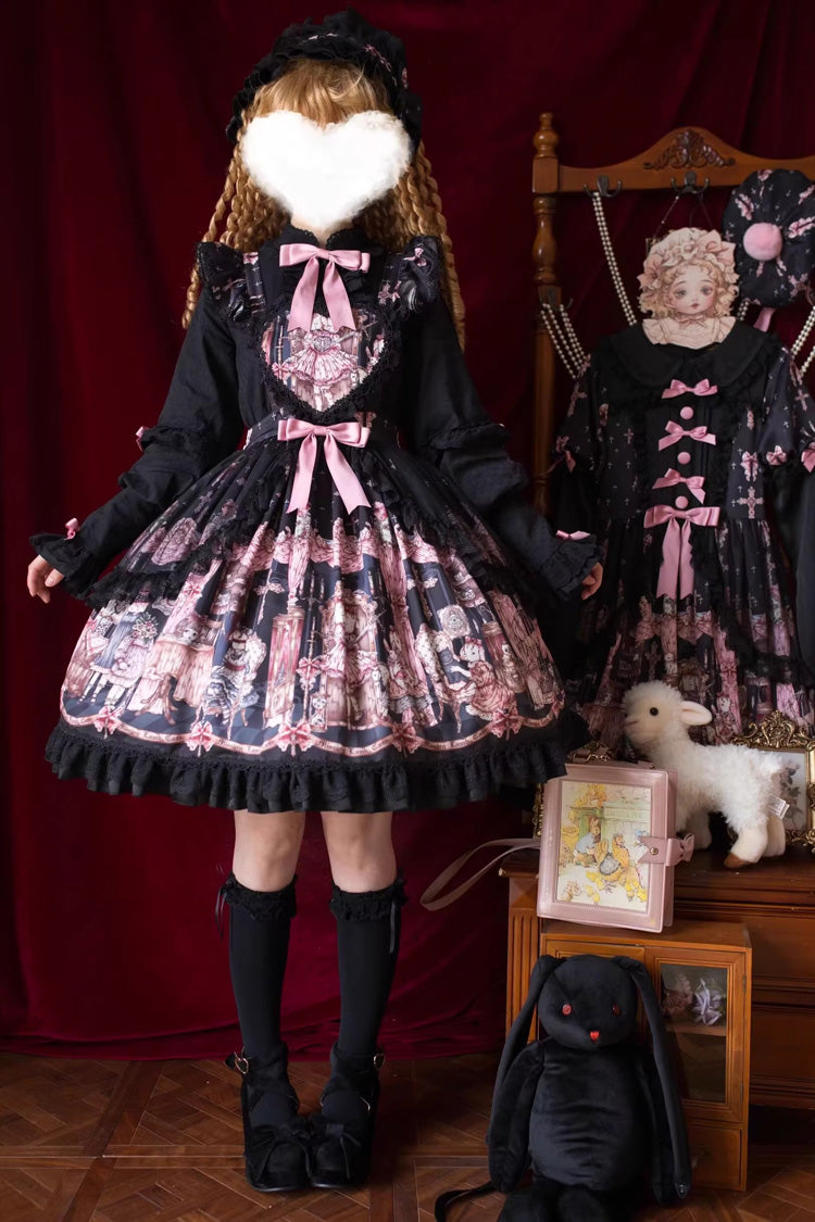 Black The Case of the Missing Lamb Print Ruffle Bowknot Lace Gothic Lolita SK Skirt