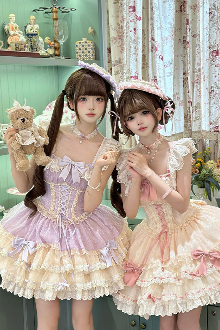 Purple Flory Butterfly Double-Layered Ruffle Bowknot Lace Lace-Up Sweet Ballet Lolita Jsk Dress