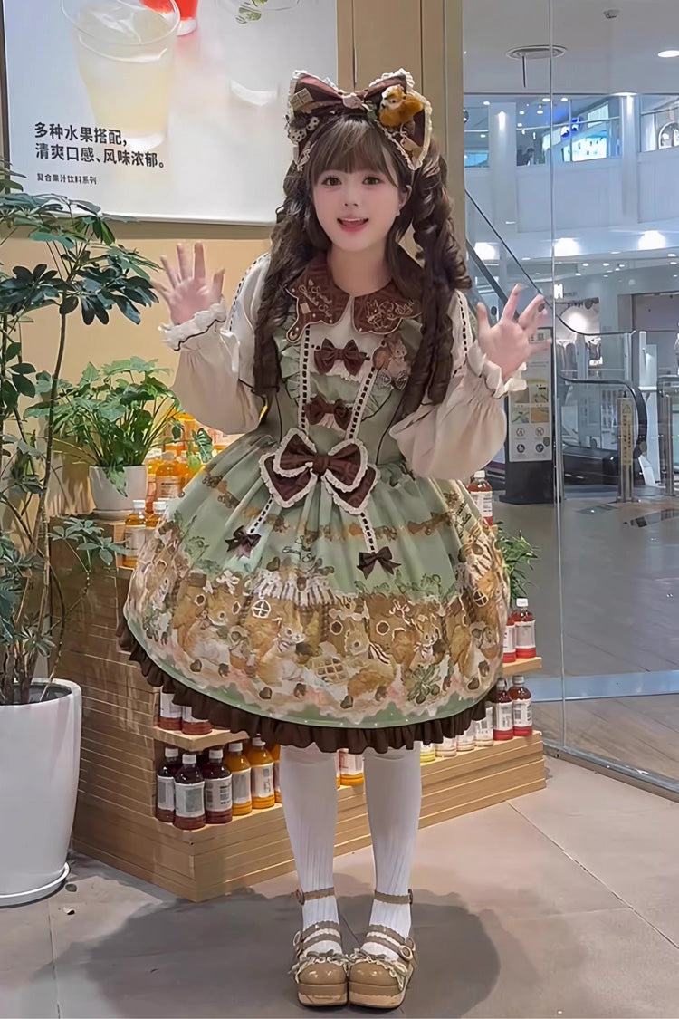 Green Squirrel Chocolate Shop Doll Collar Long Sleeves Printed Ruffled Bow Sweet Lolita Dress