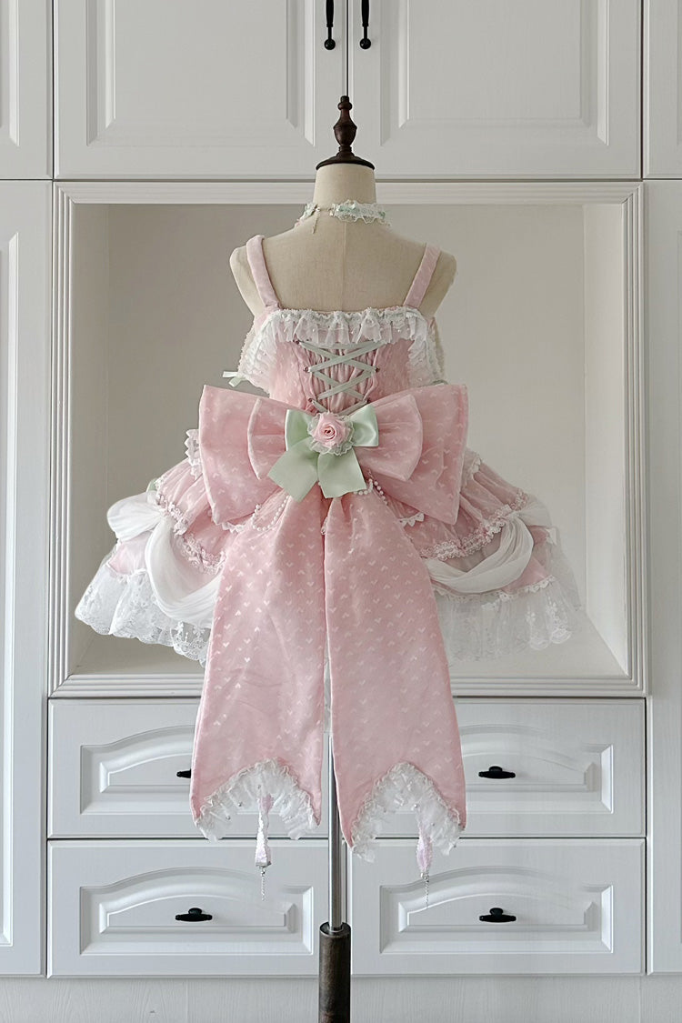 Pink Honey Rose Sleeveless Ruffle Embroidery Bowknot Lace Pearl Sweet Lolita Jsk Dress