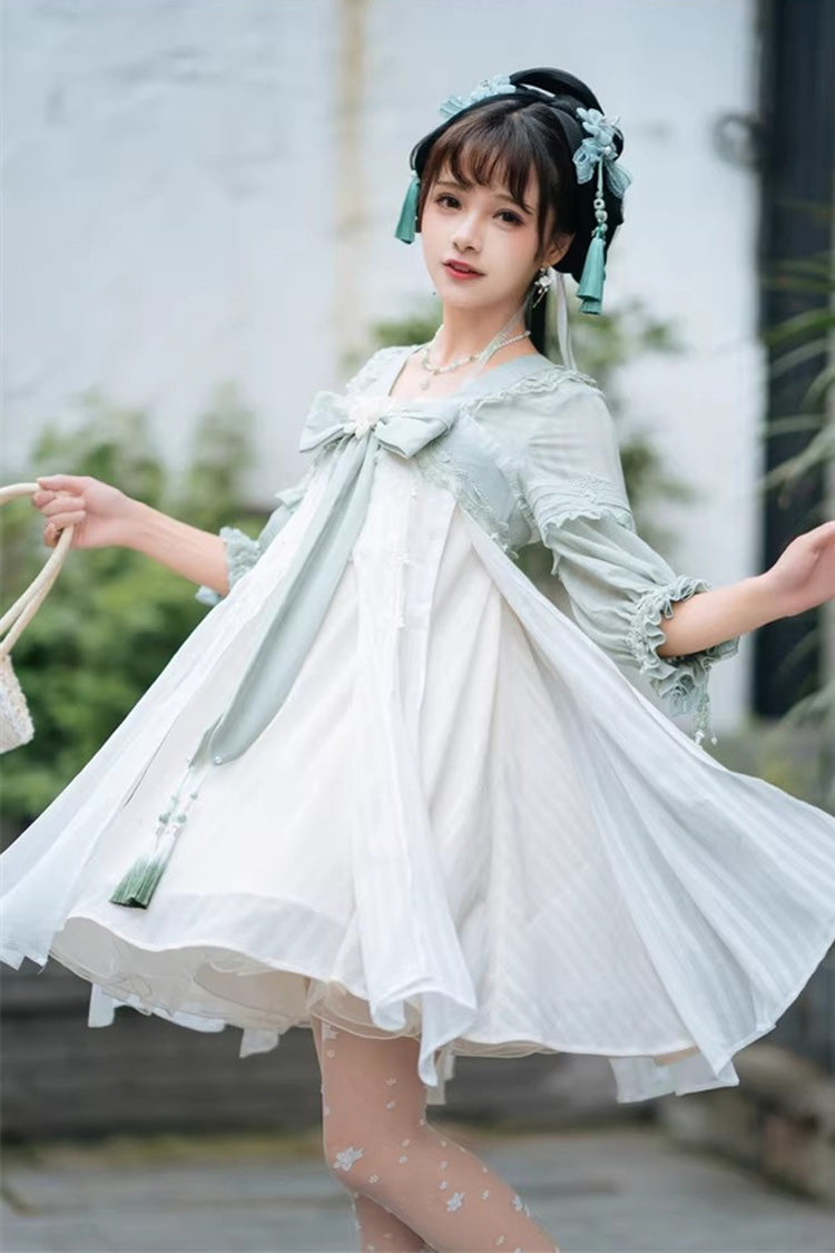 White/Green Half Sleeves Ruffled Bow Sweet Chinese Style Lolita Hanfu Dress