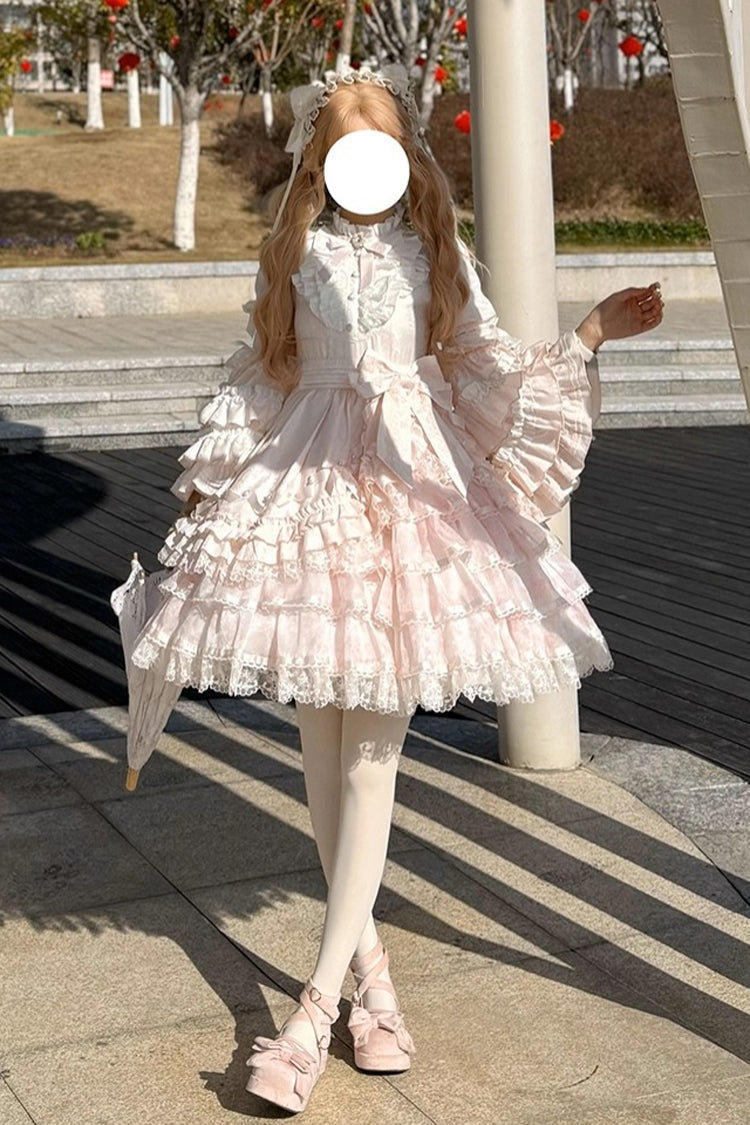 Pink The Soloist Doll Long Hime Sleeves Multi-Layered Print Ruffle Bowknot Asymmetric Sweet Lolita Dress