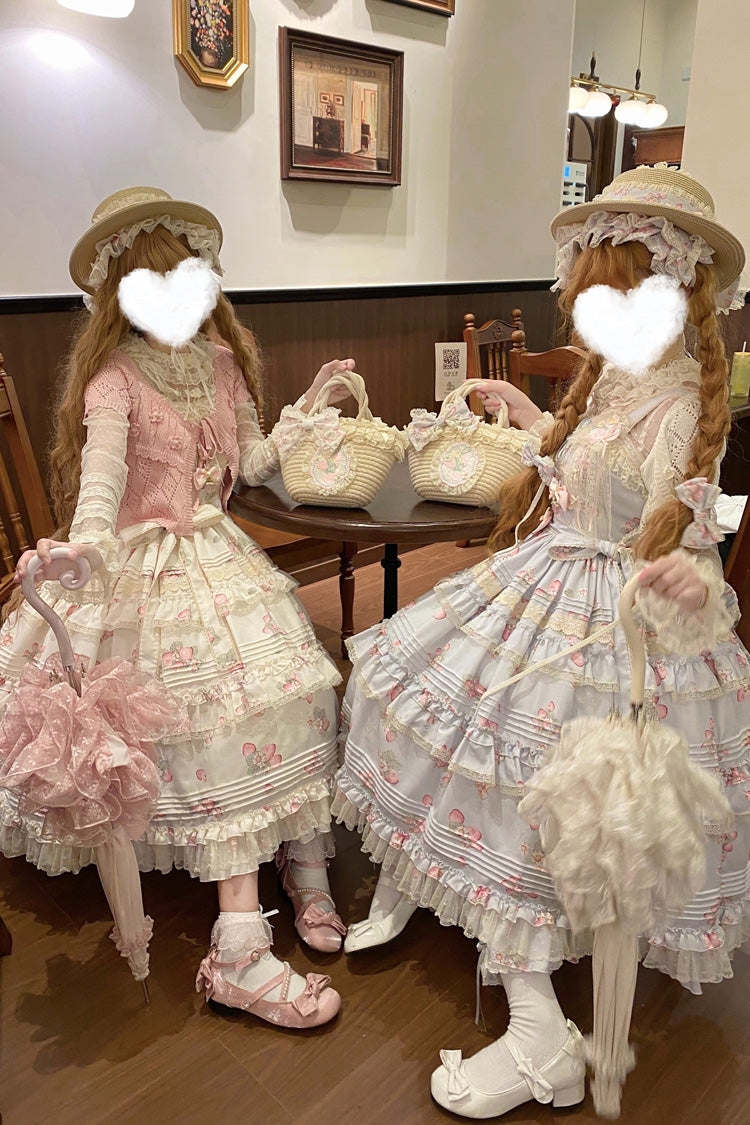 Strawberry Garden Sleeveless Multi-Layered Printed Ruffled Bow Sweet Lolita Jsk Dress 2 Colors