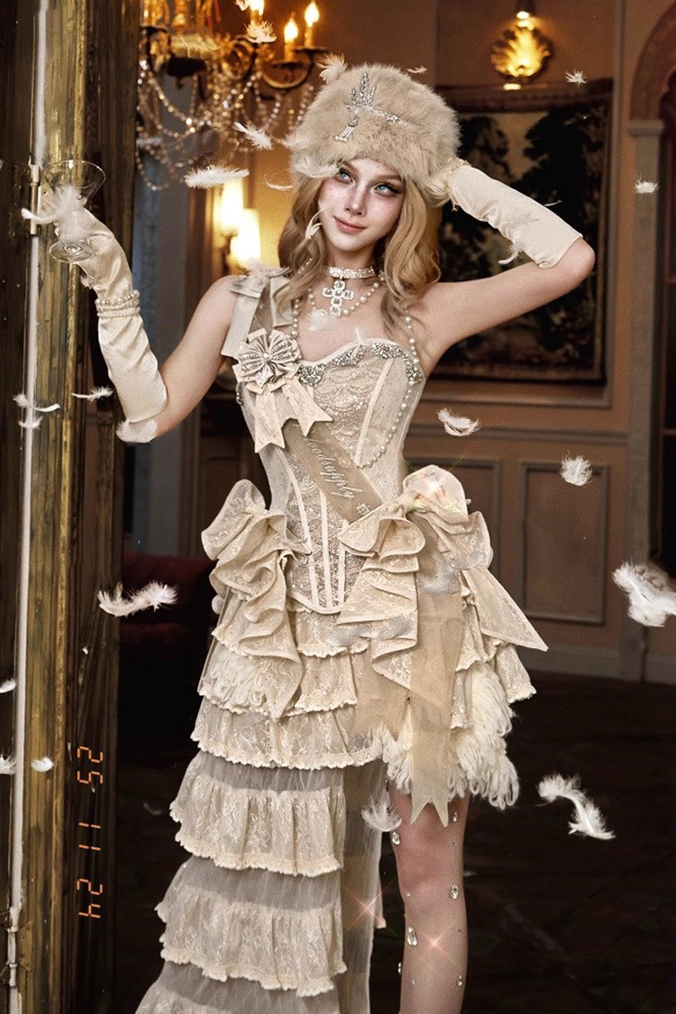 Light Brown Slavic Noble Lady Sleeveless Multi-Layered Sparkling Diamonds Ruffled Bow Lace-Up Irregular Gothic Elegant Lolita Skirt & Corset Set