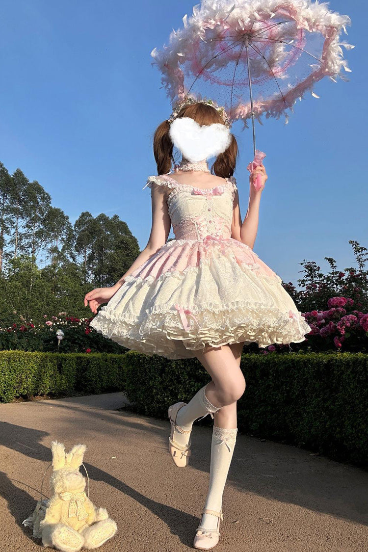 Pink Leiffu Sleeveless Ruffle Bowknot Lace Lace-Up Sweet Ballet Lolita Jsk Dress