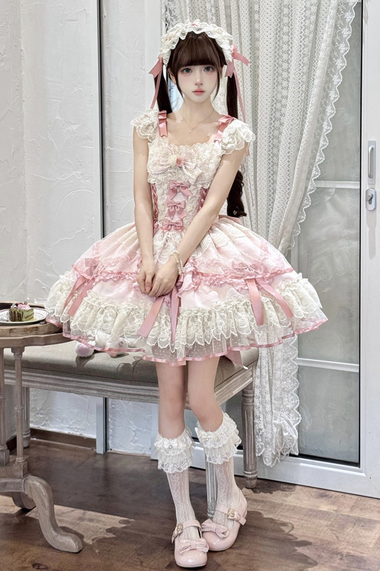 Pink Dreaming Butterfly Multi-Layered Jacquard Ruffle Bowknot Lace Sweet Princess Lolita Jsk Dress