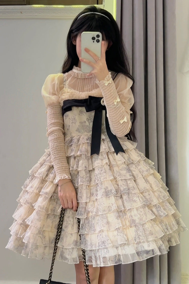 Multi-Color Wonderland Travels Multi-Layered Print Ruffle Bowknot Sweet Lolita Tiered Dress