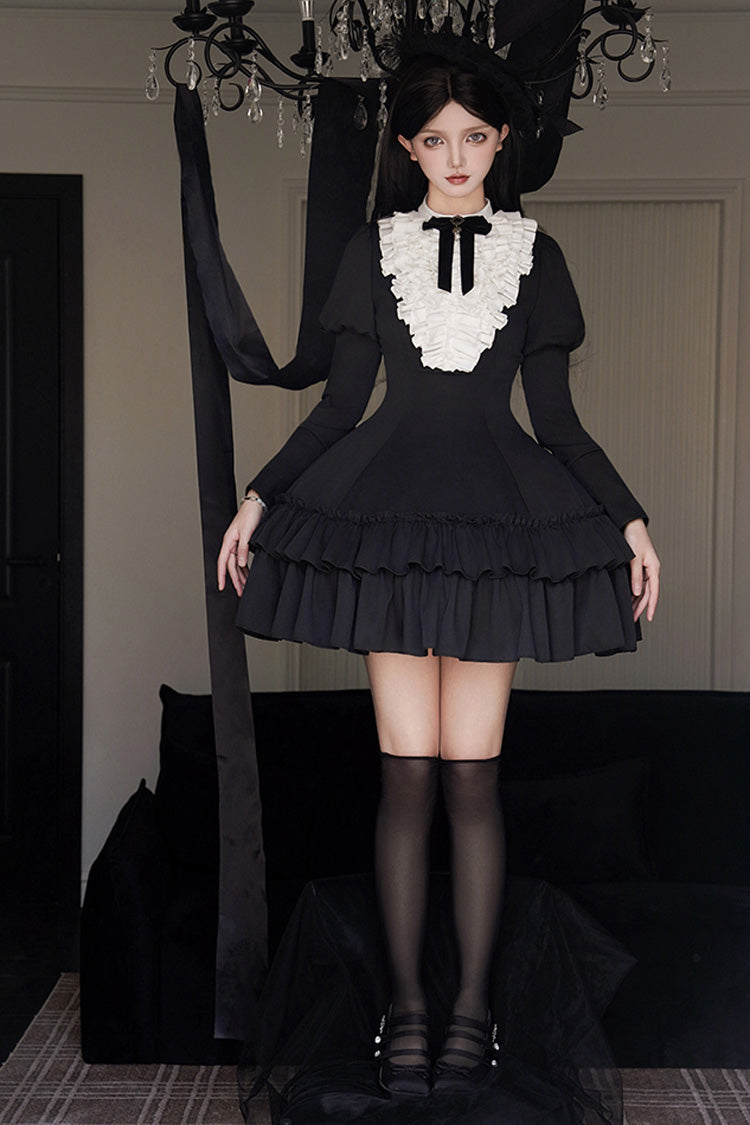 Black Miss Weir Stand Collar Long Sleeves Double-Layered Ruffle Gothic Lolita Dress