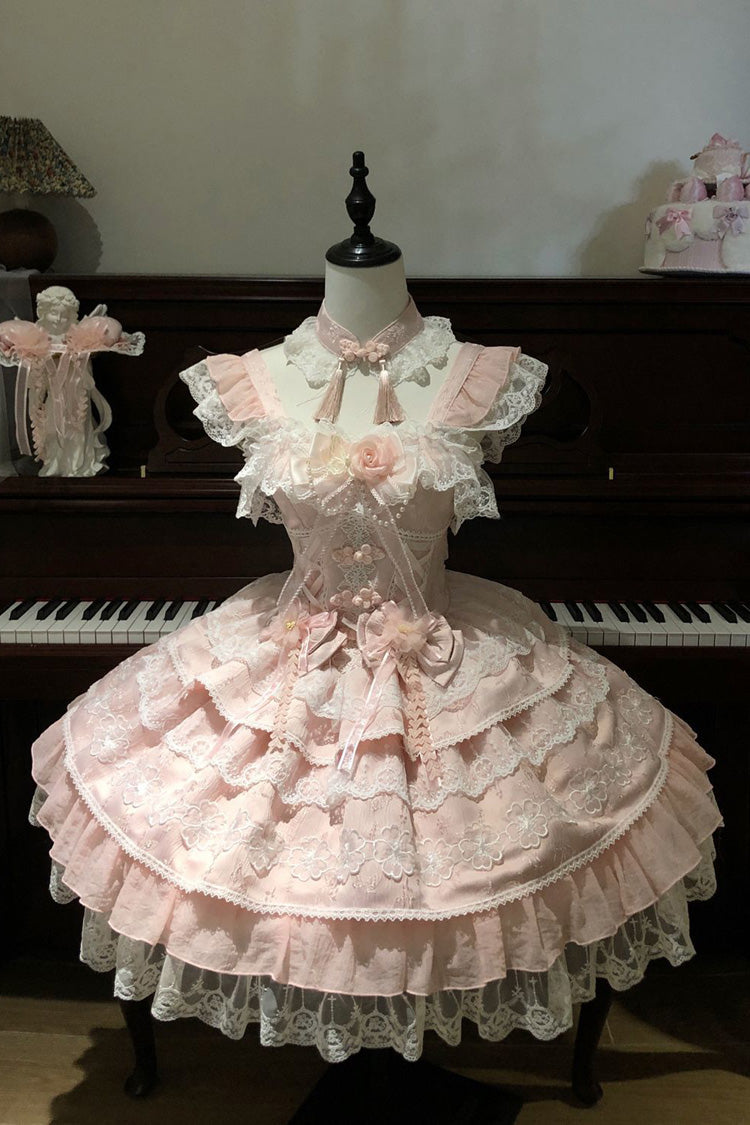 Pink Rain of Peaches Sleeveless Multi-Layered Bowknot Lace Sweet Chinese Style Lolita Jsk Dress