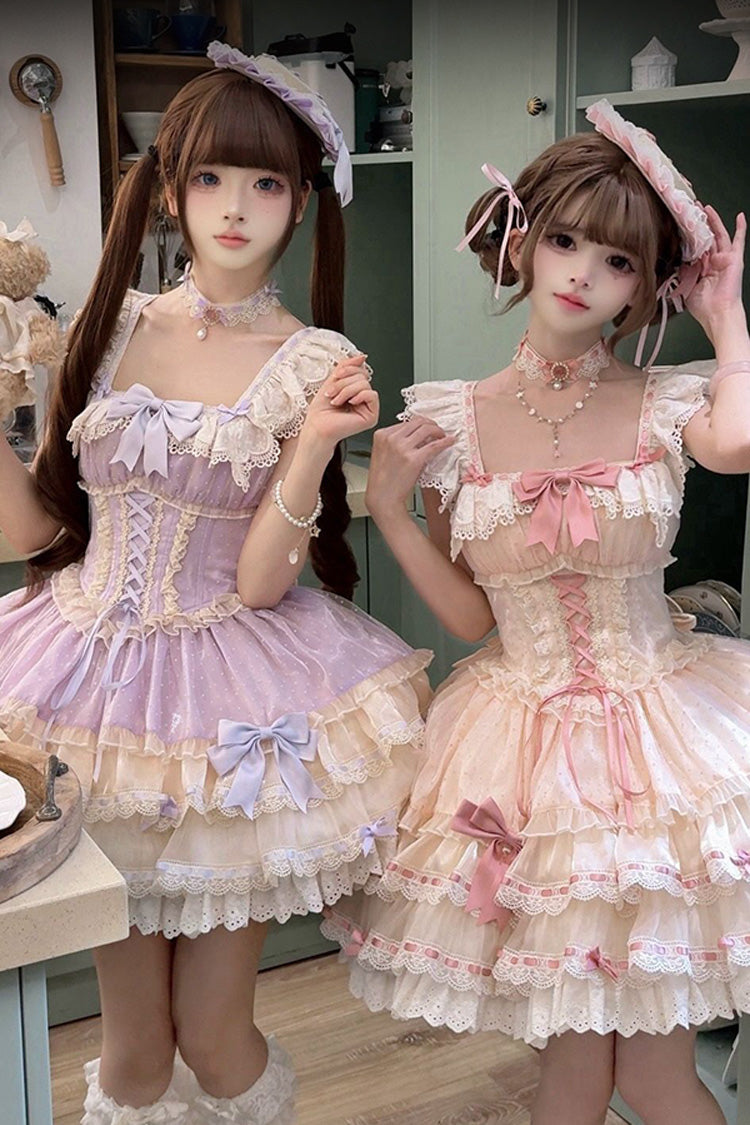 Purple Flory Butterfly Double-Layered Ruffle Bowknot Lace Lace-Up Sweet Ballet Lolita Jsk Dress