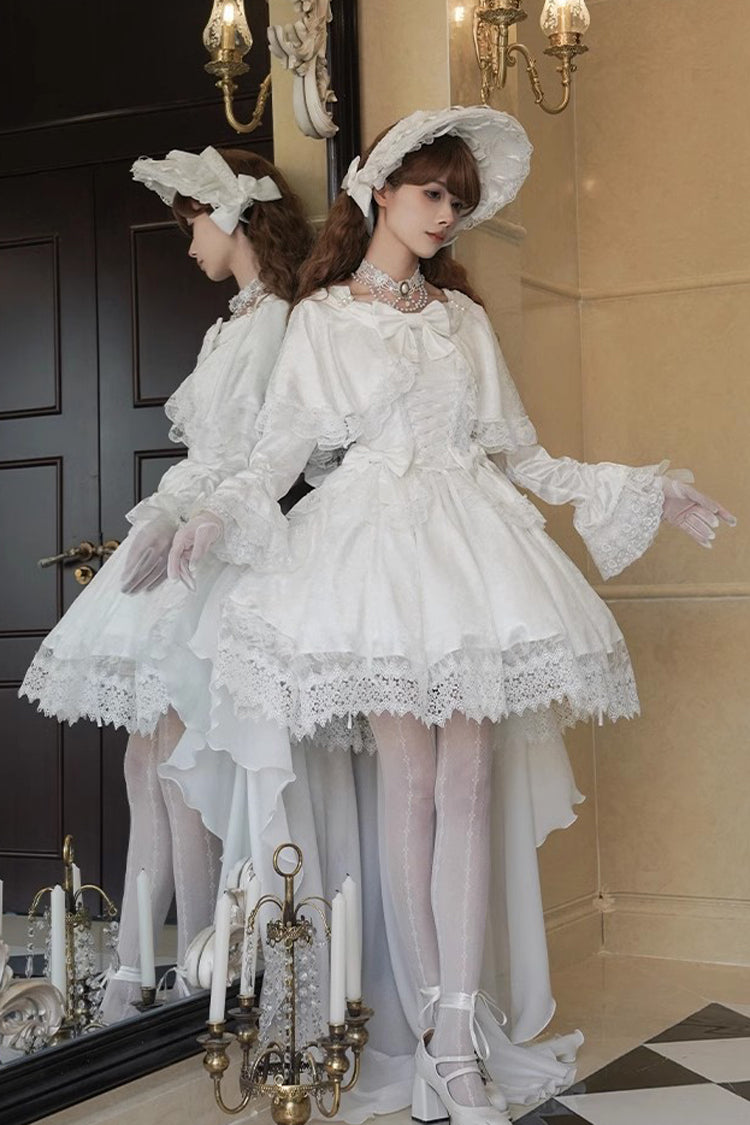 White Cherish Long Trumpet Sleeves Ruffle Hanayome Bowknot Lace-Up Sweet Lolita Dress