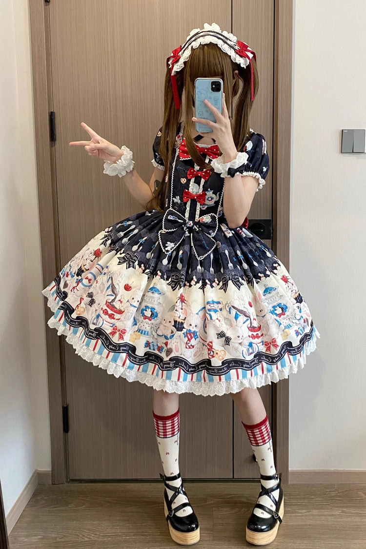 Black Mystery Rabbit Tea Party Square Collar Short Sleeves Print Ruffle Bowknot Lace Sweet Lolita Dress