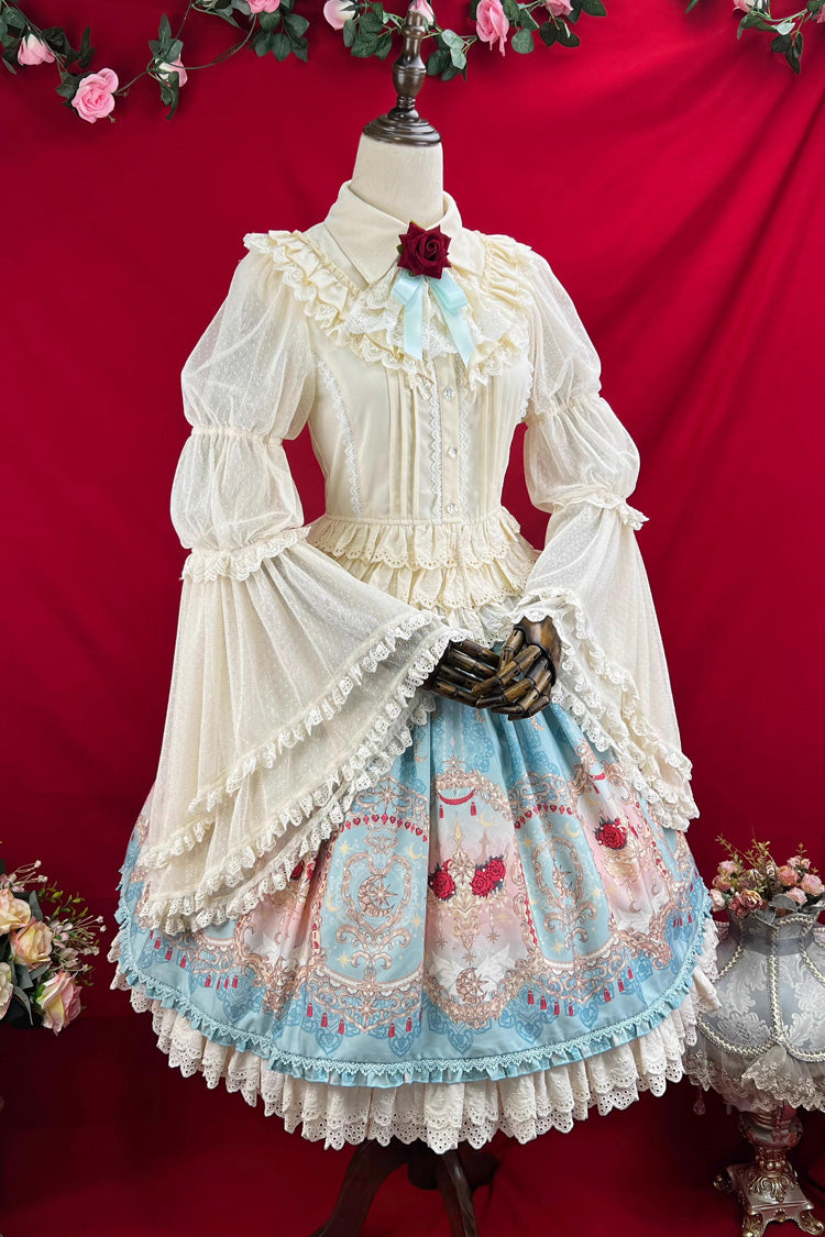 Blue Moonlit Garden Secret Print Ruffle Embroidery Lace Sweet Elegant Palace Lolita Skirt