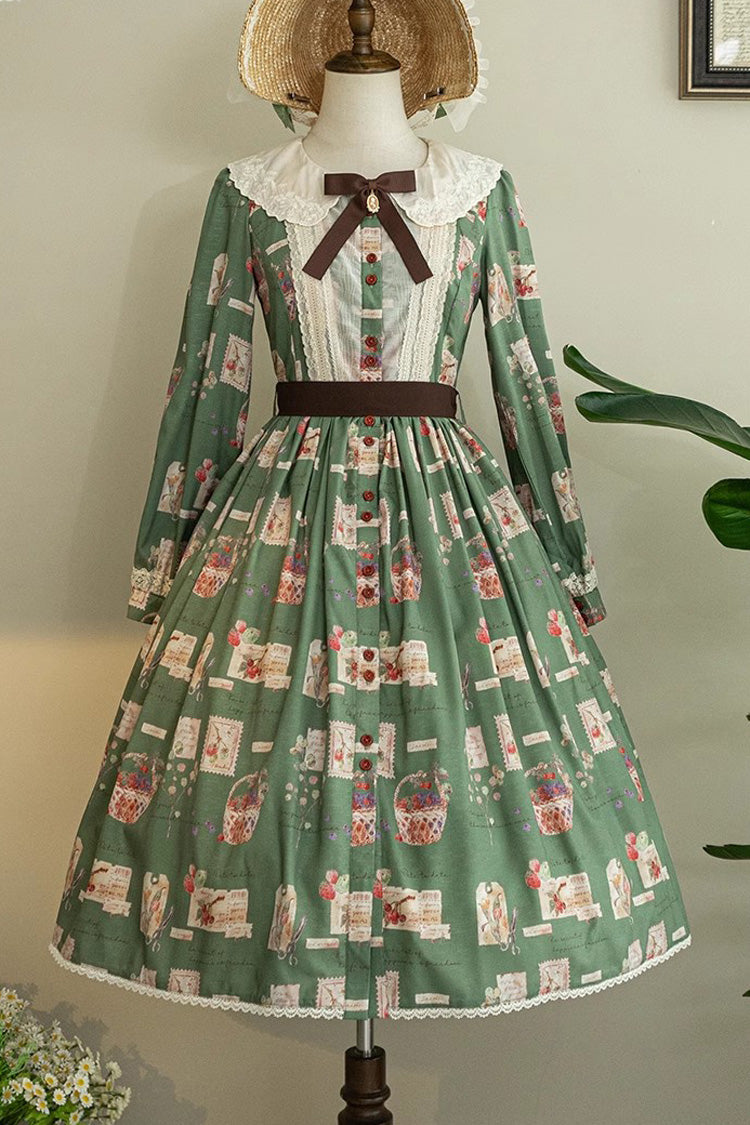Forest Illustrated Book Long Lantern Sleeves Print Ruffle Sweet Lolita OP Dress 3 Colors