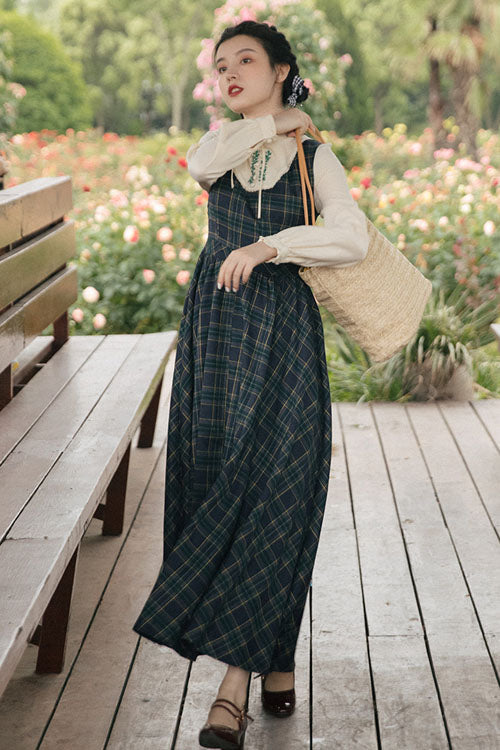 Dark Green Vintage Plaid Print Embroidery Fake Two Pieces High Waisted Classic Lolita Dress