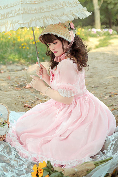 Square Collar Lace Short Sleeves High Waisted Plus Size Sweet Lolita OP Dress