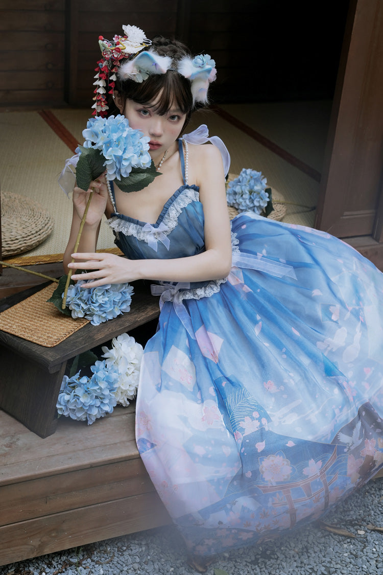 Blue/Pink Mount Fuji Cherry Blossom Season Print Bowknot Sweet Lolita Skirt
