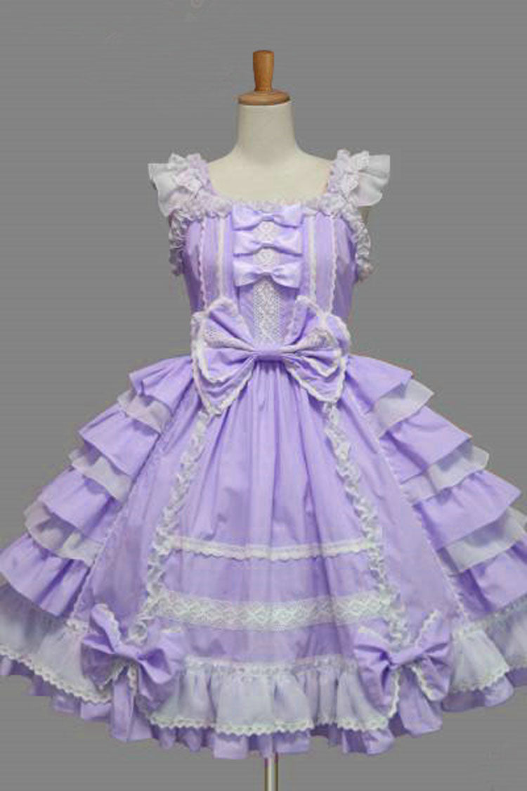Lace Square Neck Cap Sleeve Knee Length Ruffled Bowknot Sweet Lolita Dress