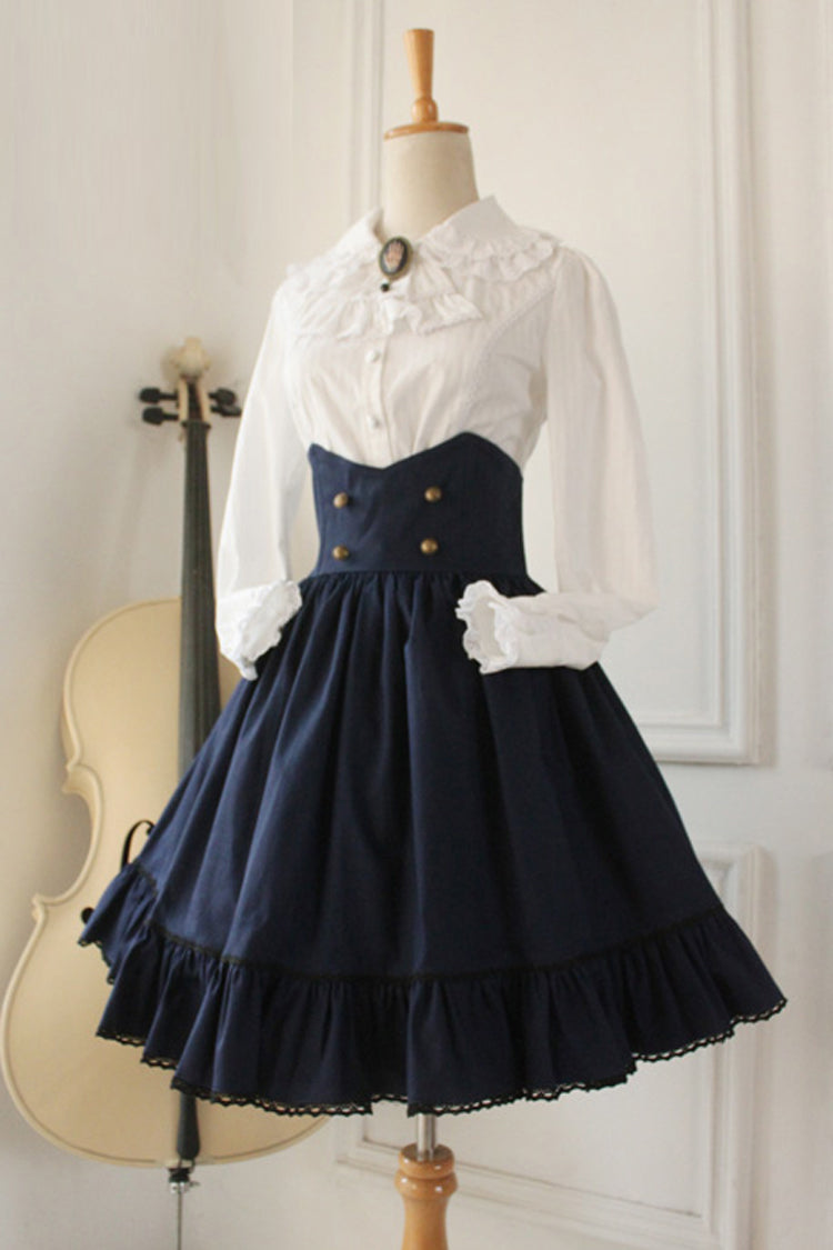 Dark Blue Vintage College Style High Waisted Fishbone Gothic Lolita Skirt