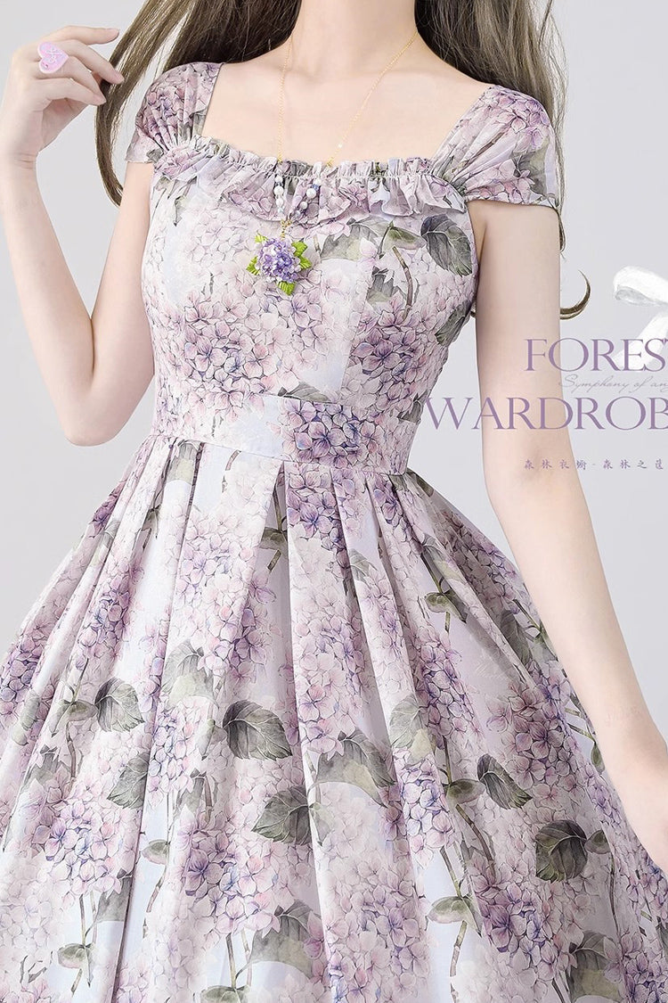 Purple Forest Basket Hydrangea Print Bowknot Chiffon Sweet Elegant Lolita Jsk Dress