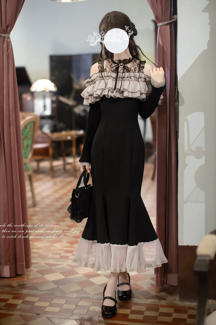 Black Night Cherry Blossoms Long Sleeves Ruffle Bowknot Daily Sweet Elegant Lolita Fishtail Dress