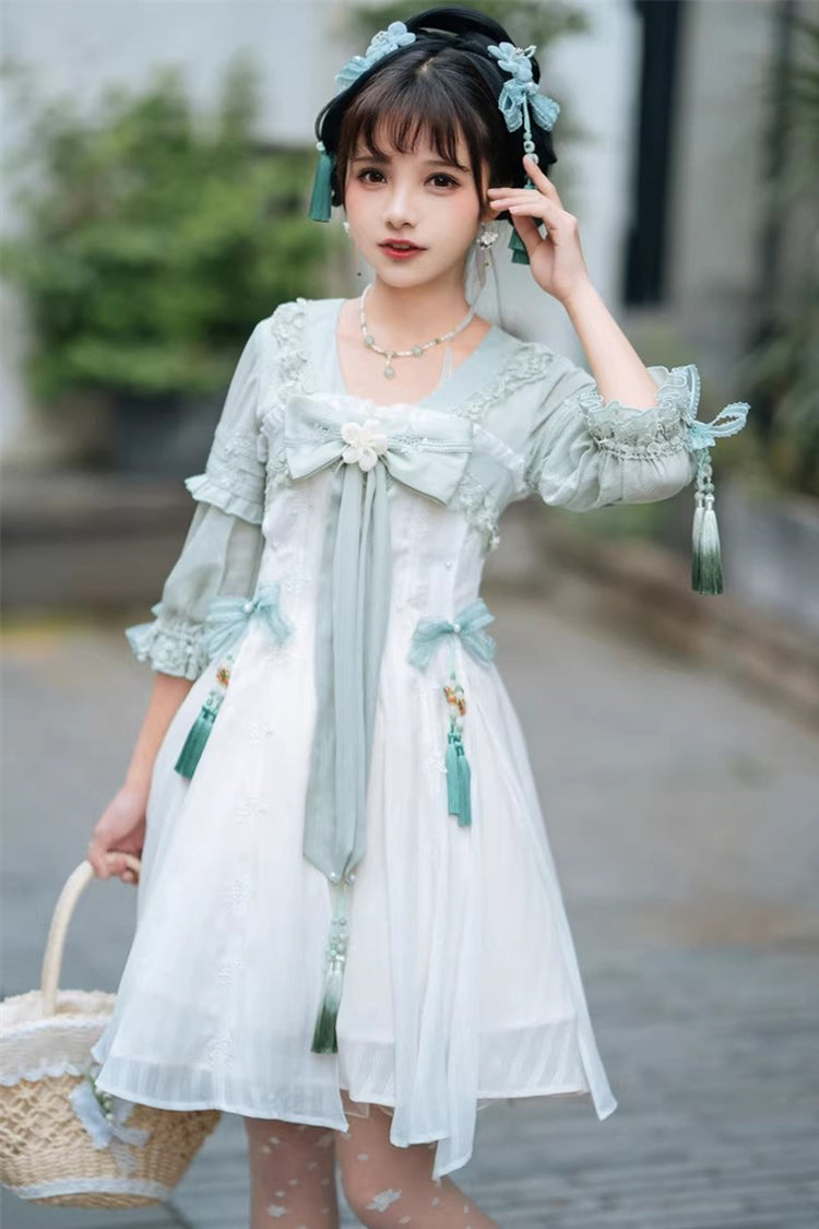 White/Green Half Sleeves Ruffled Bow Sweet Chinese Style Lolita Hanfu Dress