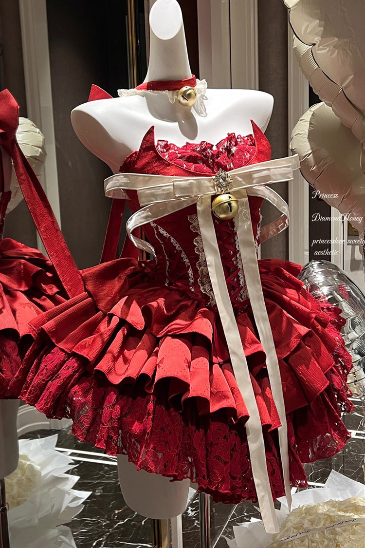 Red Holiday Lovers Sleeveless Triple-Layered Ruffle Hollow Bowknot Lace-Up Princess Ballet Sweet Lolita Dress