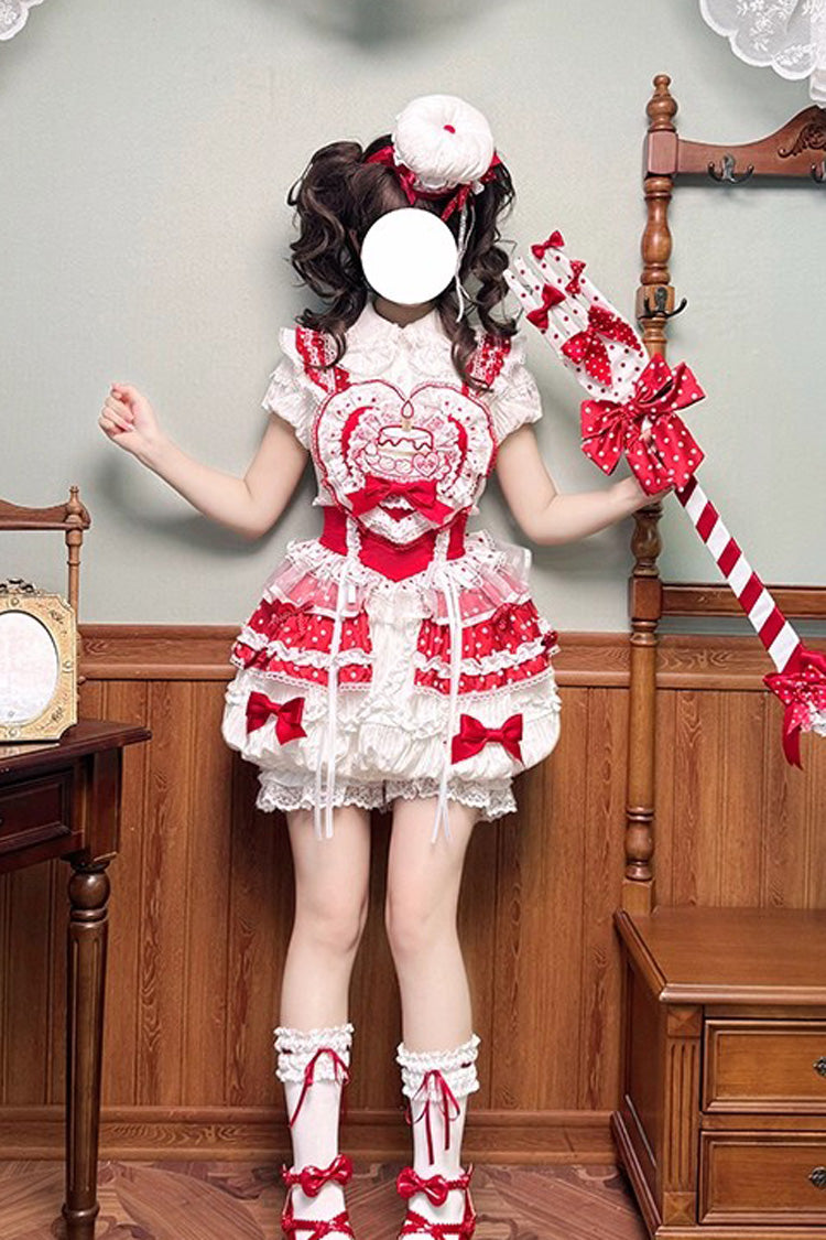 Red/White Twin Bears Birthday Cake Sleeveless Print Ruffle Bowknot Lace Sweet Lolita Small Flower Bud Dress